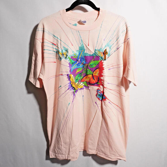 Vintage Hanes 50 50 Butterflies Paint Art to Wear Upcycled T Shirt Tee Pink XL * - Picture 1 of 8
